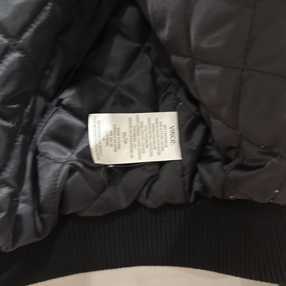 VINCE Black Women's Bomber Jacket with leather trim and attached hood - Picture 8 of 9